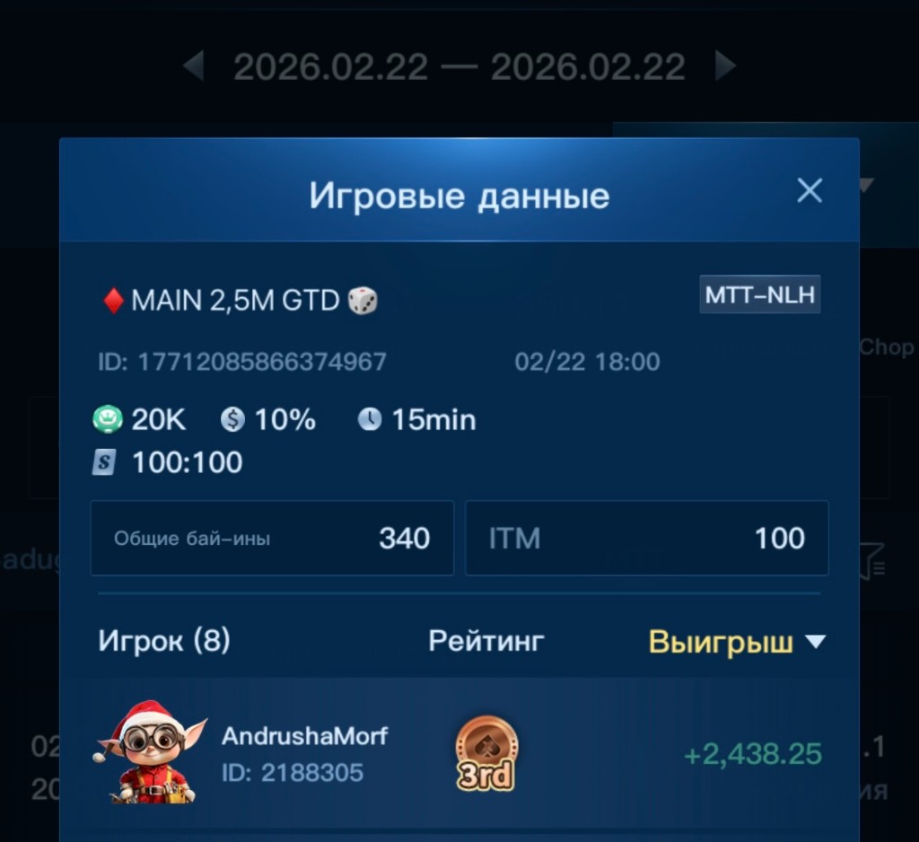 Игровые данные: АндрюшаМорф, 3-е место в MAIN 2,5M GTD